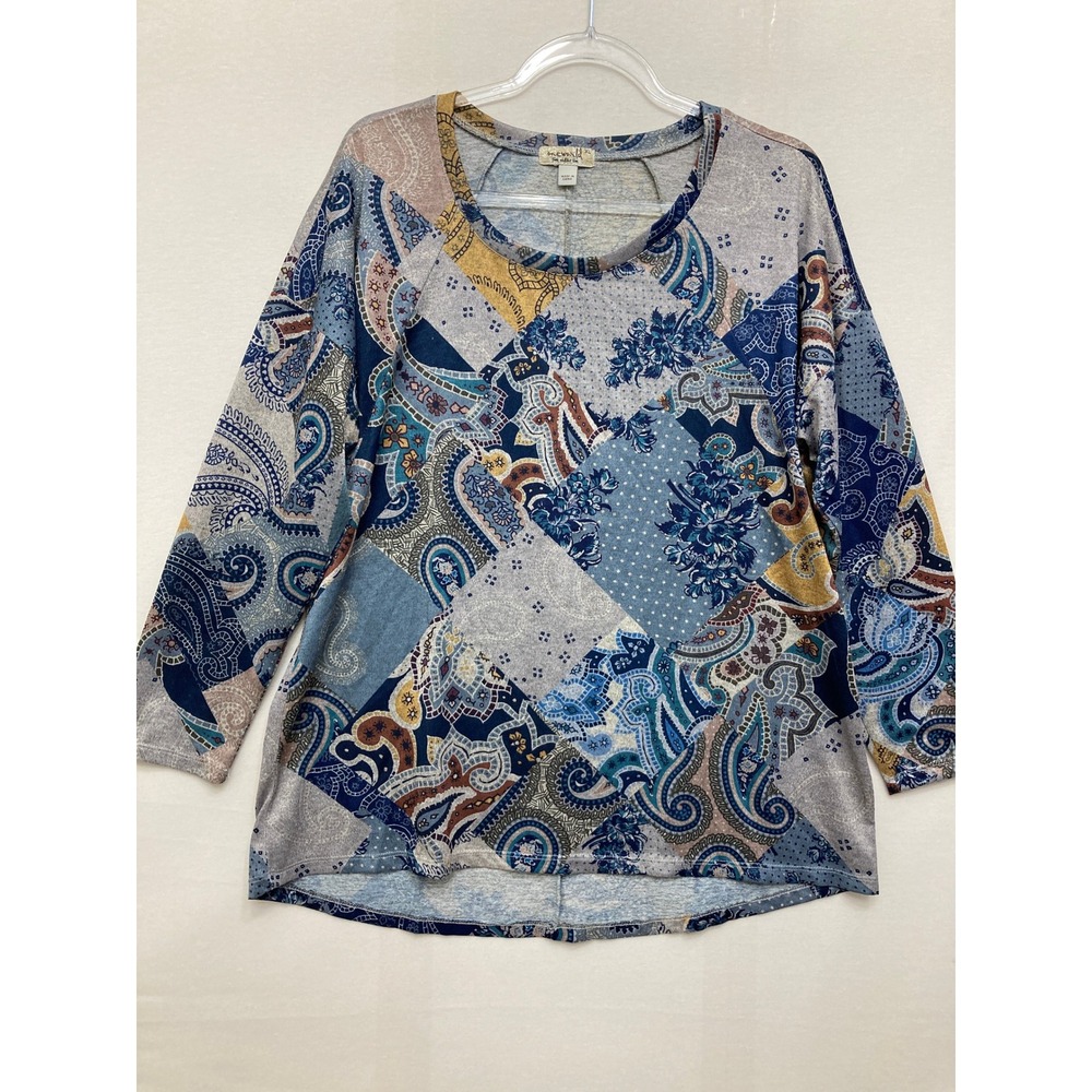 One World Top size XL Patchwork Print Blue Paisley Floral Stretch Knit Boho